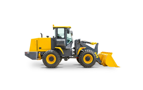 Yellow Front Wheel Loader Isolated on White Background. Manufacturing Equipment. Pneumatic Truck. Tractor Front End Loader. Heavy Equipment Machine. Side View Industrial Vehicle.