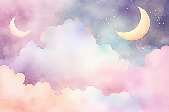 Fototapeta Watercolor style clouds with moon, pastel colors. Nursery baby born design. Generative AI