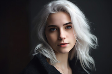 Portrait of a woman with white hair against a black background - Generative AI