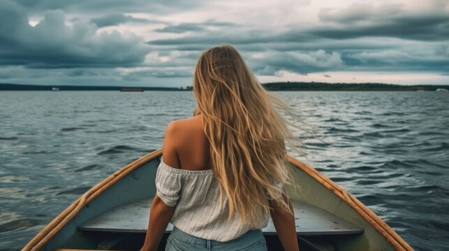 Young woman from behind on a boat. Generative AI.