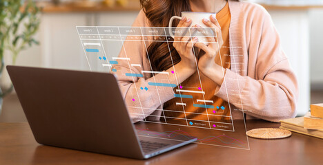 Businesswoman with calendar schedule time plan appointment management taking note and checking organizes day, week, month project list on computer.business calendar appointment plan