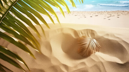 Summer beach with sand and palm leaves