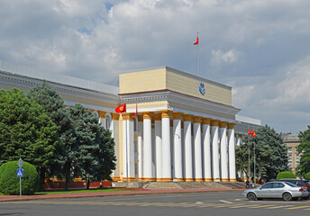 Supreme Council building in Bishkek, house of unicameral parliament, in spring. Kyrgyzstan