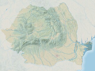 Topographic map of Romania with shaded relief