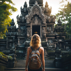 Obraz na płótnie Canvas Temple Tales: Back View of a Tourist Woman with a Backpack Discovering the Spiritual Beauty of Bali