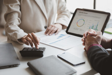 Groups of people joining in discussions, business meetings, startup company sales team meetings, brainstorming and summary of company performance. Business strategy management concept.