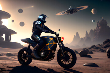 Adventurous man exploring an alien planet on a bike, discovering new frontiers in an otherworldly landscape created with generative AI technology created with generative AI technology 