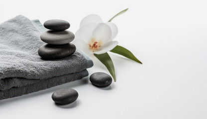 Fototapeta na wymiar Spa still life with zen stones and orchid flower isolated on white background, copy space, Generative AI