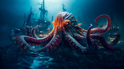 Fantasy Monster Myth - Massive Kraken Octopus with its long tentacles v3. Generative AI.