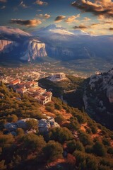 Fototapeta premium Sunrise over the mountains. AI generated art illustration.