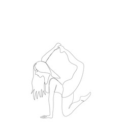 Young Female yoga poses for flexibility one continue line art drawing for yoga, fitness, sport, workout, health.Woman Isolated image hand draw contour.Line art of girl doing Yoga in one hand stand.