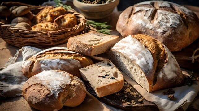Different kinds of bread on a wooden table. Selective focus. Crisp loaf of freshly baked rye bread with a knife on a napkin.