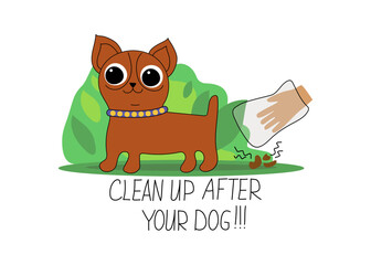 Walking with a pet, poop with a plastic bag and throw it in the trash can.Cleaning up after your pet. Inscription, calligraphy.   A way to clean up after your pet during your daily walk. Cute cartoon.