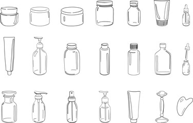 Beauty products vector line art. Tubes, jars, bottles and boxes for cosmetics. 