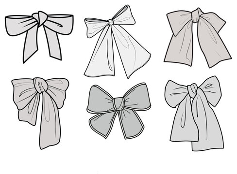 Fashion Accessory Bows, Ribbon Bows Set Fashion Illustration, Vector, CAD, Technical Drawing, Flat Drawing, Template, Mockup.	