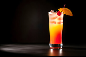 Tequila Sunrise cocktail on black background with copy space. AI generated