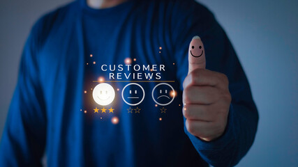 Customer review satisfaction feedback survey concept. Business people rate service experience and product quality or staff friendliness and overall value for the price. information, amend, improve