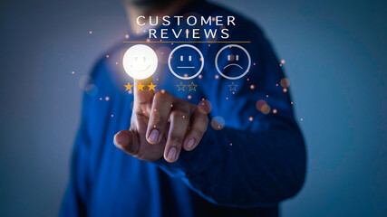 Customer review satisfaction feedback survey concept. Business people rate service experience and product quality or staff friendliness and overall value for the price. information, amend, improve