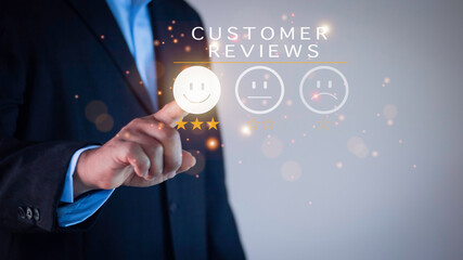 Customer review satisfaction feedback survey concept. Business people rate service experience and product quality or staff friendliness and overall value for the price. information, amend, improve