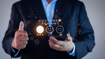Customer review satisfaction feedback survey concept. Business people rate service experience and product quality or staff friendliness and overall value for the price. information, amend, improve