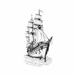  Retro sailing ship sailing on waves. Hand drawn vector sketch of. wooden frigate shipe Nautical retro water transport in vintage engraving style