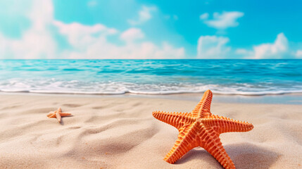 Fototapeta na wymiar Starfish on the beach with sea and sky background. Summer holiday concept. Generative AI. 
