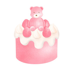 cake with pink teddy bear on white