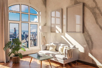 Fototapeta na wymiar luxurious loft apartment with arched window and panoramic view over urban downtown; noble interior living room design mock up; 3D Illustration