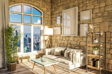 Obraz na płótnie Canvas luxurious loft apartment with arched window and panoramic view over urban downtown; noble interior living room design mock up; 3D Illustration