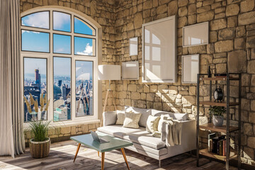 luxurious loft apartment with arched window and panoramic view over urban downtown; noble interior living room design mock up; 3D Illustration