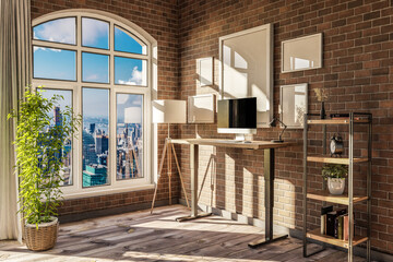 Fototapeta na wymiar modern standing desk pc workplace in daylight downtown skyline office; home decoration desing and home office concept; 3D Illustration