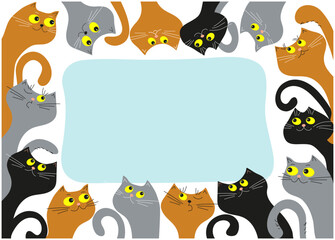 Banner frame with funny multicolored cartoon cats.    Postcard design, flyer. Space for text. Vector illustration, isolated background.