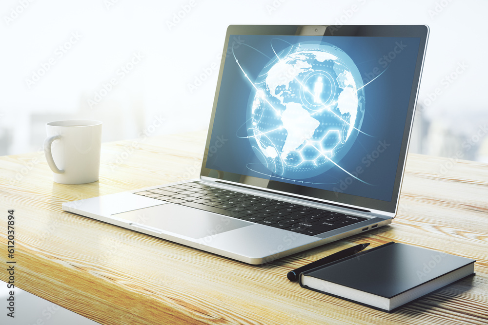 Poster social network concept with world map on modern laptop screen. 3d rendering