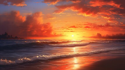 Fototapeta na wymiar Orange and golden sunset sky on the beach, evoking a sunny summer vacation mood, perfect for a travel holiday banner, Ai generative 