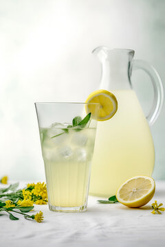 Cool freshly made lemonade and lemon fruits on white background. AI generated