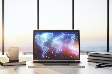 Abstract creative world map on modern laptop screen, international trading concept. 3D Rendering