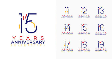 Set of creative anniversary logo. 11, 12, 13, 14, 15, 16, 17, 18, 19, birthday symbol collections with minimal and colorful concept