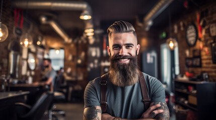 Fototapeta premium Stylish smiling bearded man standing in front of a barbershop .Created with Generative AI technology.