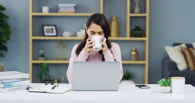 Laptop, coffee and happy woman, thinking writer or freelance person working on blog, news post or web story. Relax remote work, morning tea drink and girl with article inspiration idea in home office