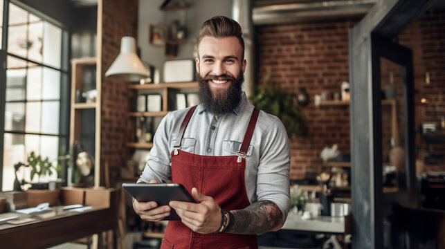 Stylish smiling bearded man standing in front of a barbershop and holding a tablet.Created with Generative AI technology.