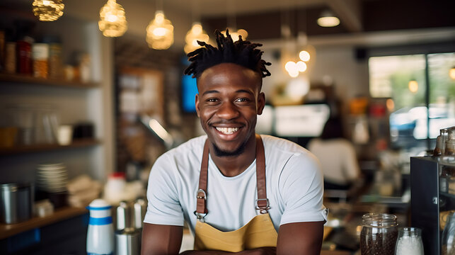 Successful african american business owner standing with crossed arms with his trendy cafe in background. ?reated with Generative AI technology.