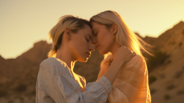 Beautiful lesbian couple at sunset with dramatic light created with Generative AI