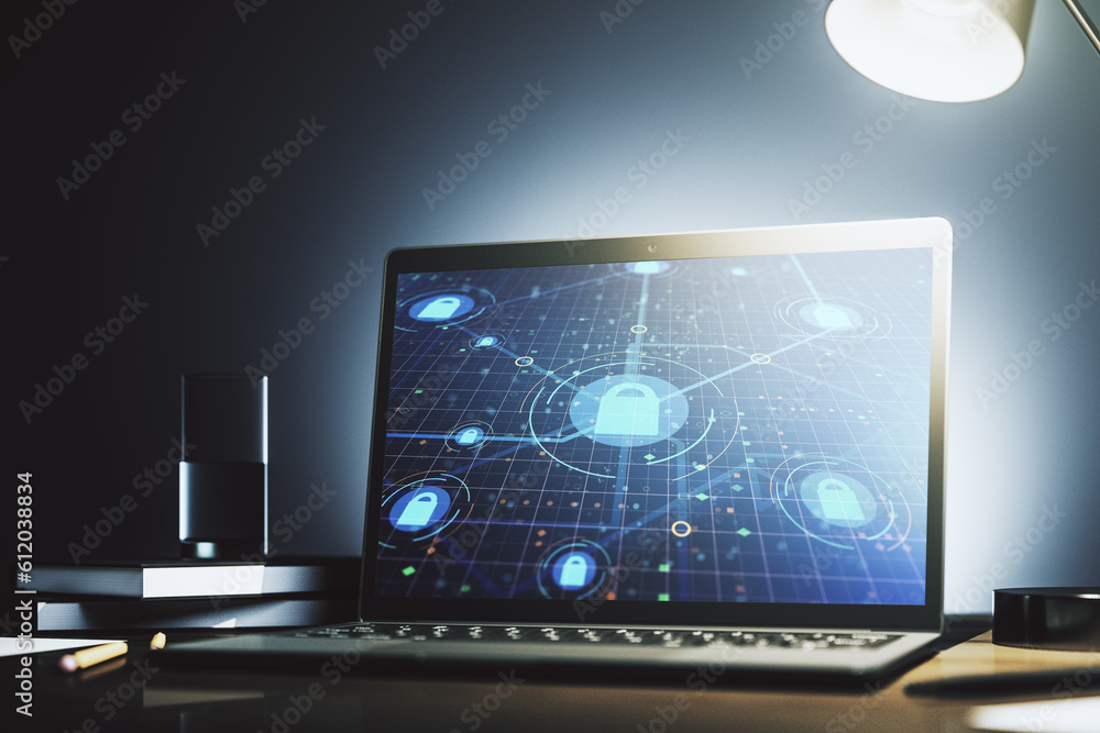 Poster Creative idea concept with lock symbol and microcircuit illustration on modern laptop screen. Protection and firewall concept. 3D Rendering