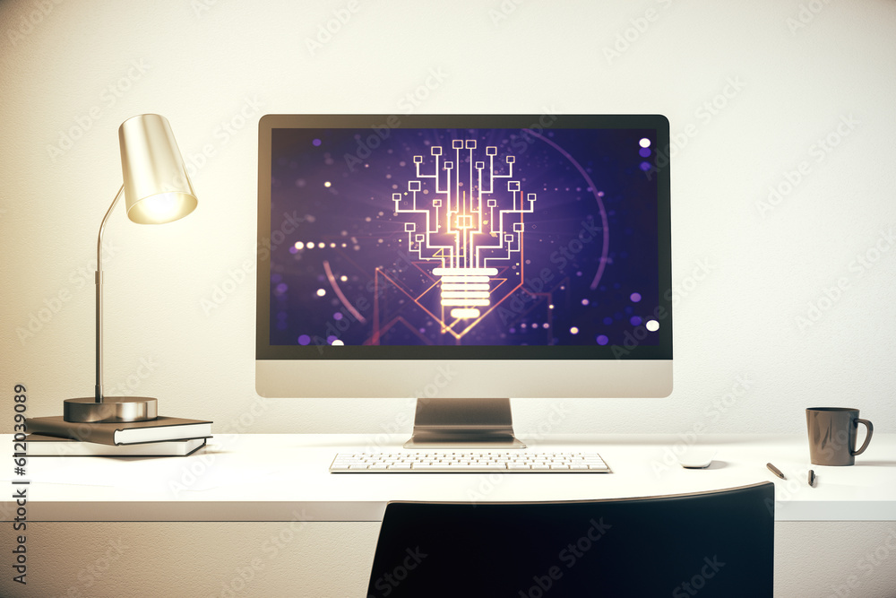 Poster Creative idea concept with light bulb and microcircuit illustration on modern laptop screen. Neural networks and machine learning concept. 3D Rendering