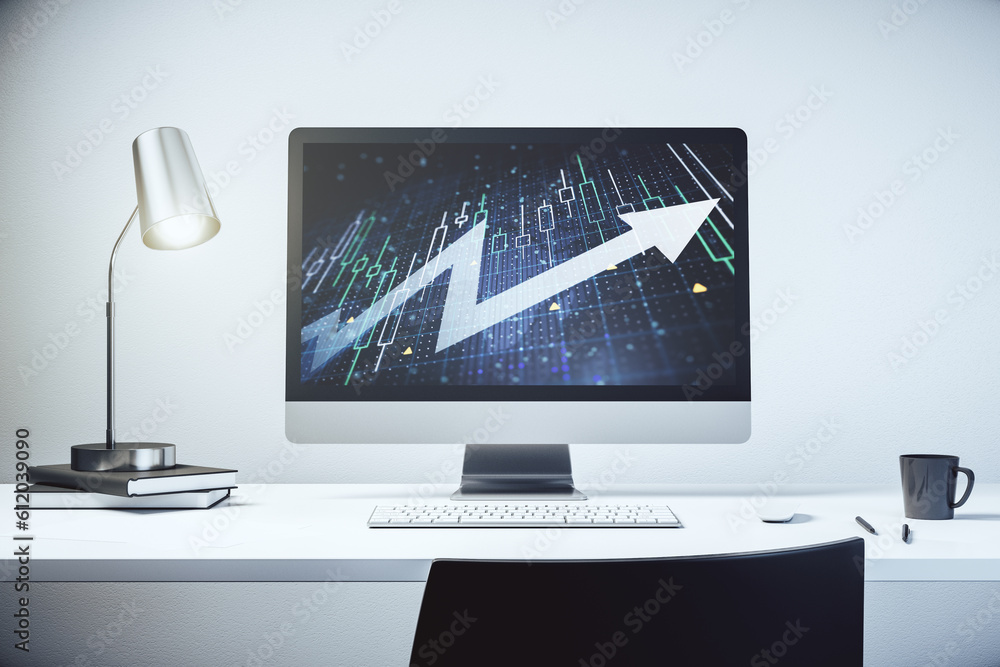 Poster abstract creative financial diagram with upward arrow on modern computer monitor, growth and develop