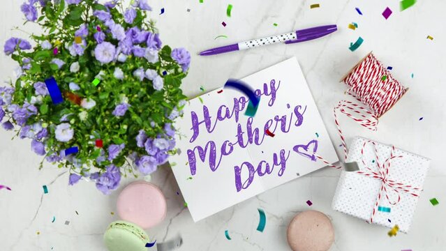 Happy Mother's day Card Background & Colorful Confetti Falling Animation 4K. Celebrate the holidays. confetti celebration, birthday party template