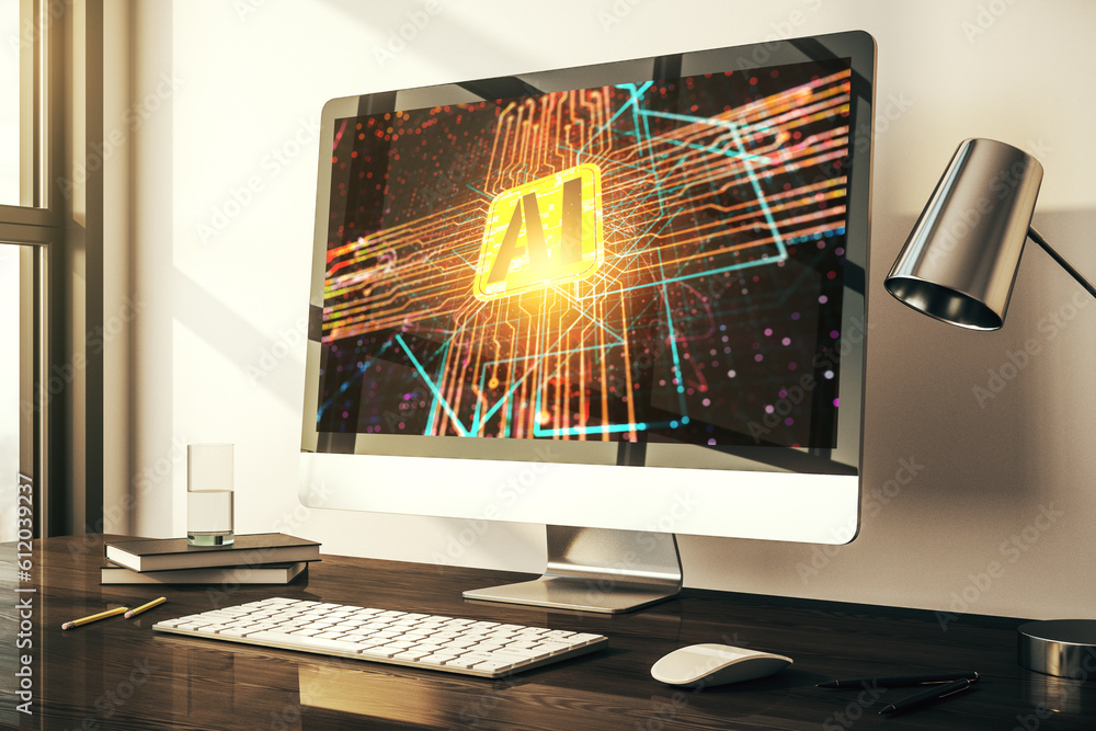 Poster Modern computer monitor with creative artificial Intelligence icon. Neural networks and machine learning concept. 3D Rendering