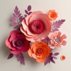 3d render, digital illustration, red pink orange paper flowers, floral background, Valentine's day greeting card, Generative AI
