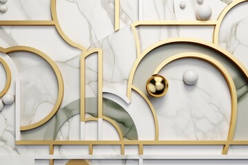 3d render, abstract geometric background with colorful curvy shapes, white marble texture and golden lines. Art deco wallpaper, Generative AI