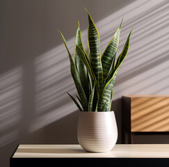 Sansevieria in a white vase displayed on a brown table